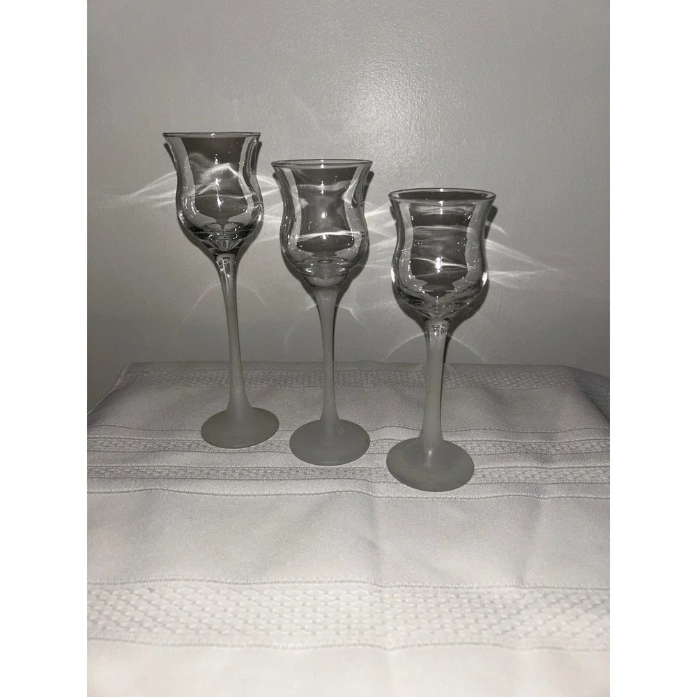 Set of 3 Frosted Stem Glass Tulip Candle Holders Tiered Clear Votive Pedestals